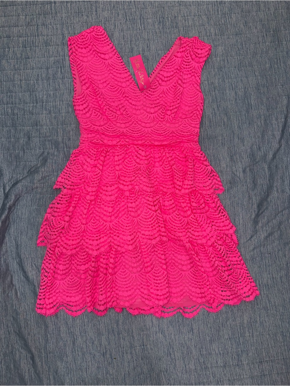 Lilly Pulitzer Faye Ruffle Neon Pink Lace Scalloped Tiered Dress, S